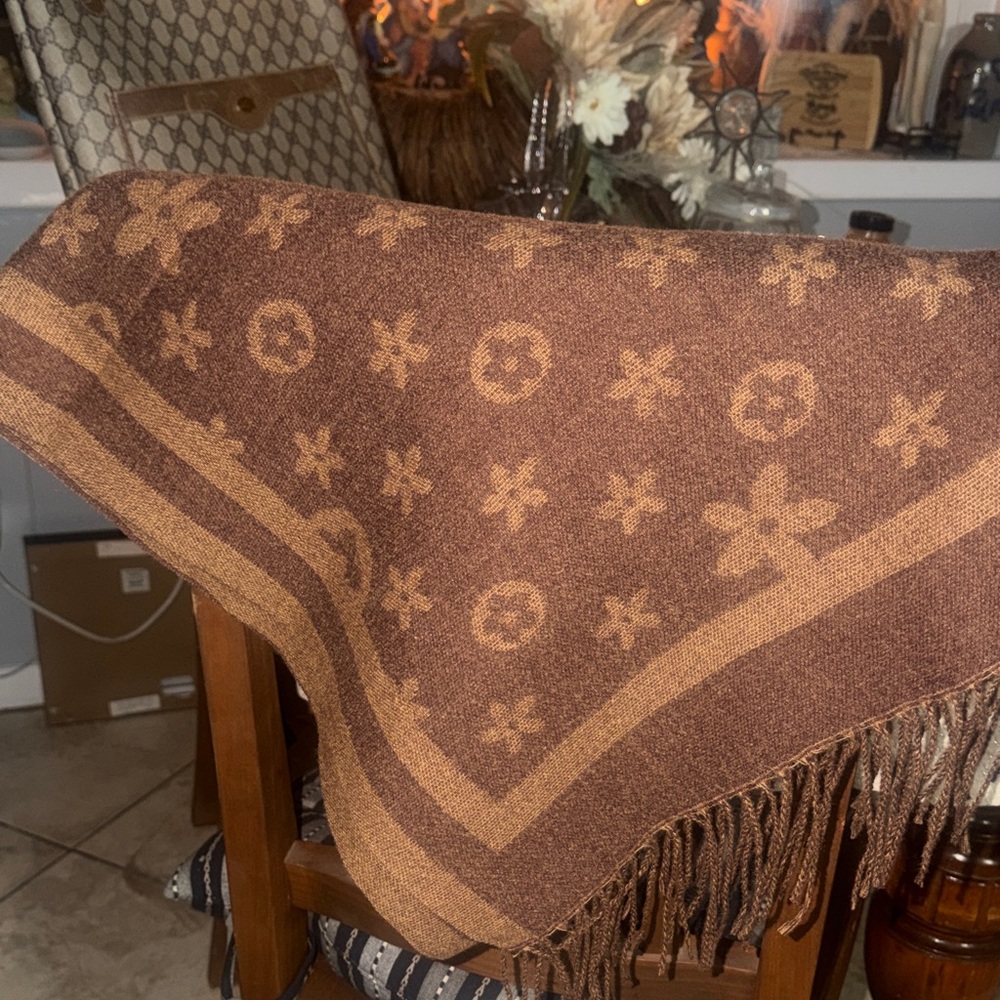 Designer Brown Floral Scarf with Fringe